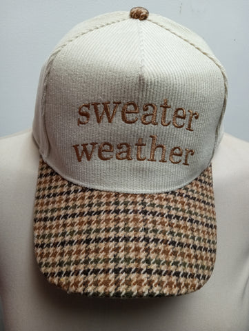 Sweater Weather Embroidered Corduroy Beige Plaid Brim Fall Hat