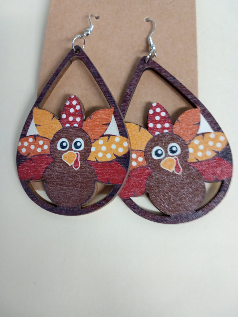 Teardrop Wood Dangle earrings w/Turkey