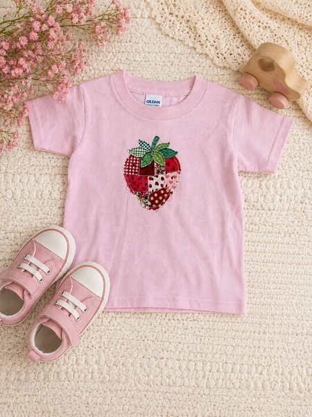 Gildan Pink t-shirt with patchwork strawberry OhhMy! Gifts and Things, LLC