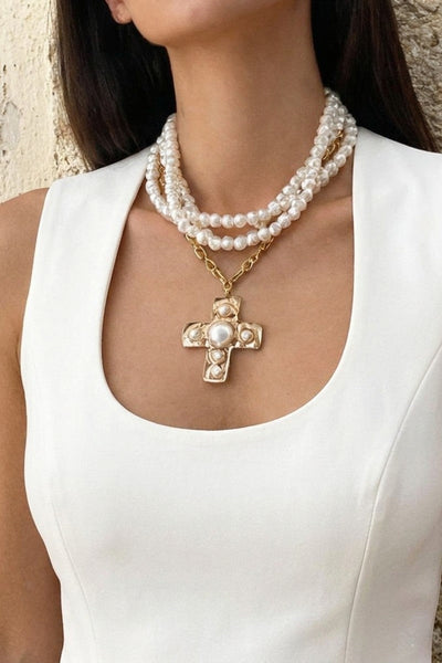 14" Faux Pearl & Gold Cross Necklace with Pearl Bead Accent OhhMy! Gifts and Things, LLC