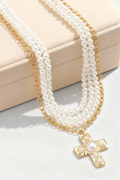 14" Faux Pearl & Gold Cross Necklace with Pearl Bead Accent OhhMy! Gifts and Things, LLC