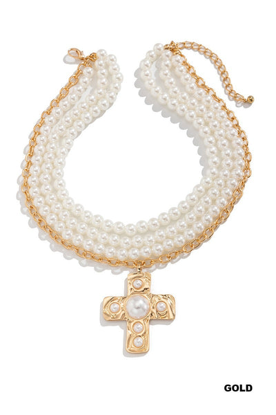 14" Faux Pearl & Gold Cross Necklace with Pearl Bead Accent OhhMy! Gifts and Things, LLC