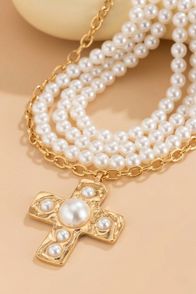 14" Faux Pearl & Gold Cross Necklace with Pearl Bead Accent OhhMy! Gifts and Things, LLC