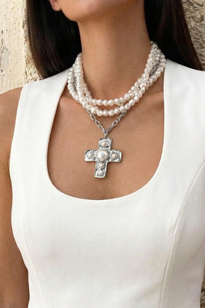14" Faux Pearl & Silver Cross Necklace with Pearl Bead Accent OhhMy! Gifts and Things, LLC