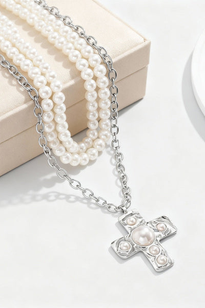 14" Faux Pearl & Silver Cross Necklace with Pearl Bead Accent OhhMy! Gifts and Things, LLC