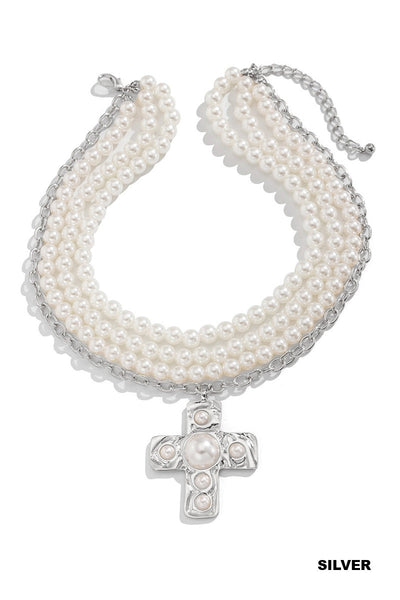 14" Faux Pearl & Silver Cross Necklace with Pearl Bead Accent OhhMy! Gifts and Things, LLC