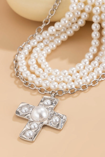 14" Faux Pearl & Silver Cross Necklace with Pearl Bead Accent OhhMy! Gifts and Things, LLC