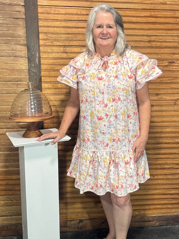 Umgee Floral/blue/pink ruffled neck/layered sleeve w/stripe pink/white trim dress 