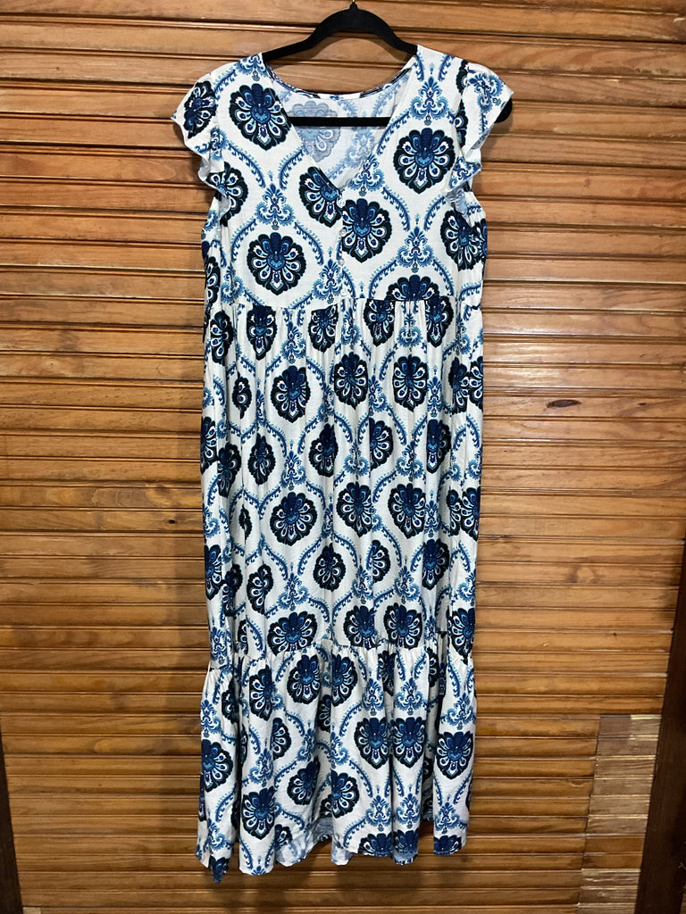 White & Blue Ruffle Sleeve Slip-On Maxi Dress | Amanda Queen