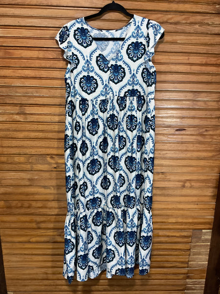 White & Blue Ruffle Sleeve Slip-On Maxi Dress | Amanda Queen