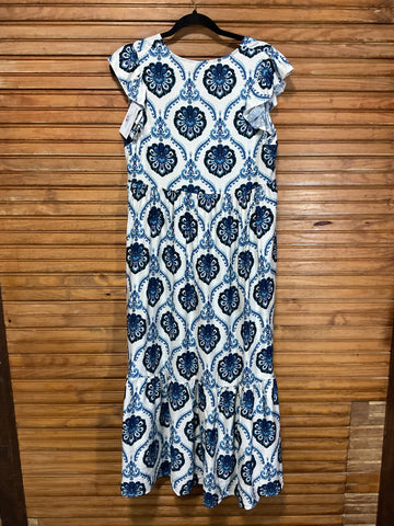 White & Blue Ruffle Sleeve Slip-On Maxi Dress | Amanda Queen