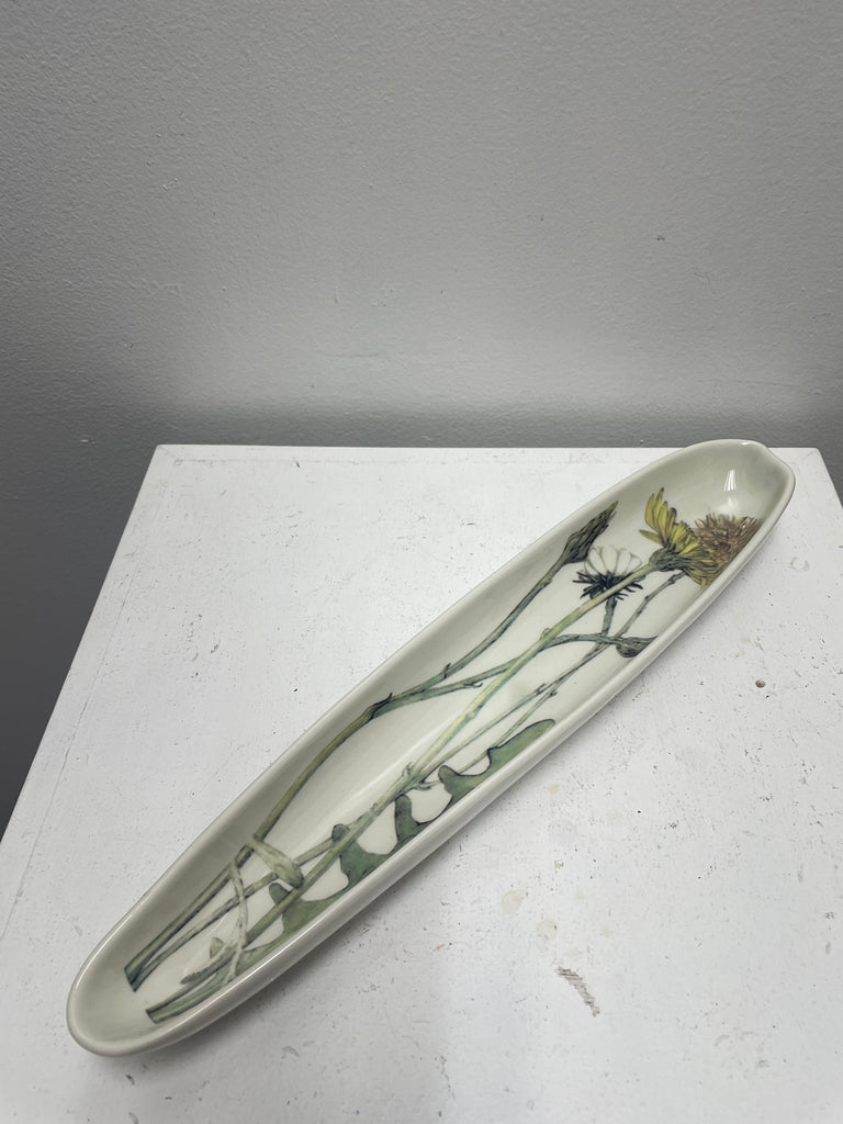 White Floral Stoneware Cookie Dish - Oblong Serving Platter with Design