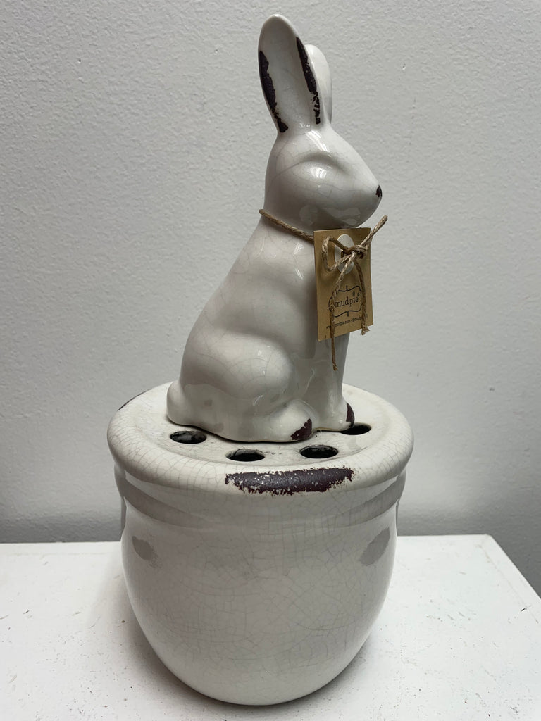 White ceramic flower frog rabbit 11x5 inches, vase insert for floral arranging and ikebana with multiple holes for stems"