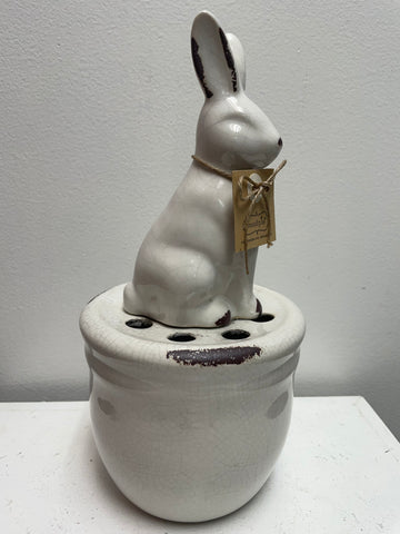 White ceramic flower frog rabbit 11x5 inches, vase insert for floral arranging and ikebana with multiple holes for stems"