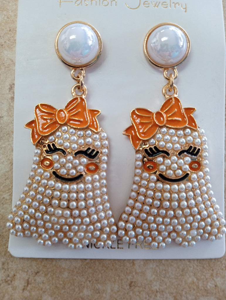 White/pearls Ghost/orange bow Earrings Amanda Queen