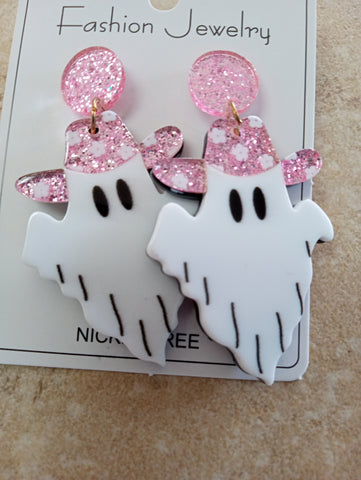 White/pink acrylic cowgirl ghost earrings