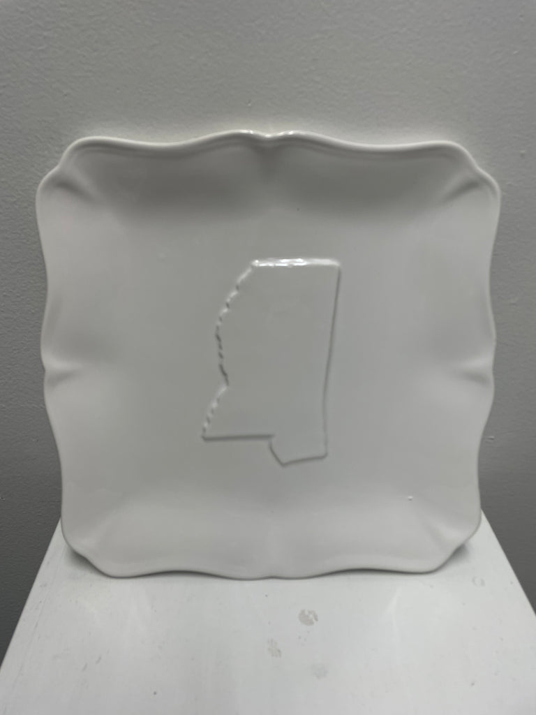 11.5"x11.5" White square Platter w/embossed state of Mississippi