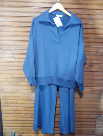 Zenana Blue Indigo Scuba Two-Piece Set | Pullover Top & Pants
