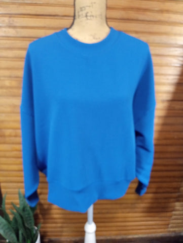Zenana Classic Blue Ribbed Pullover Top with Balloon Sleeves