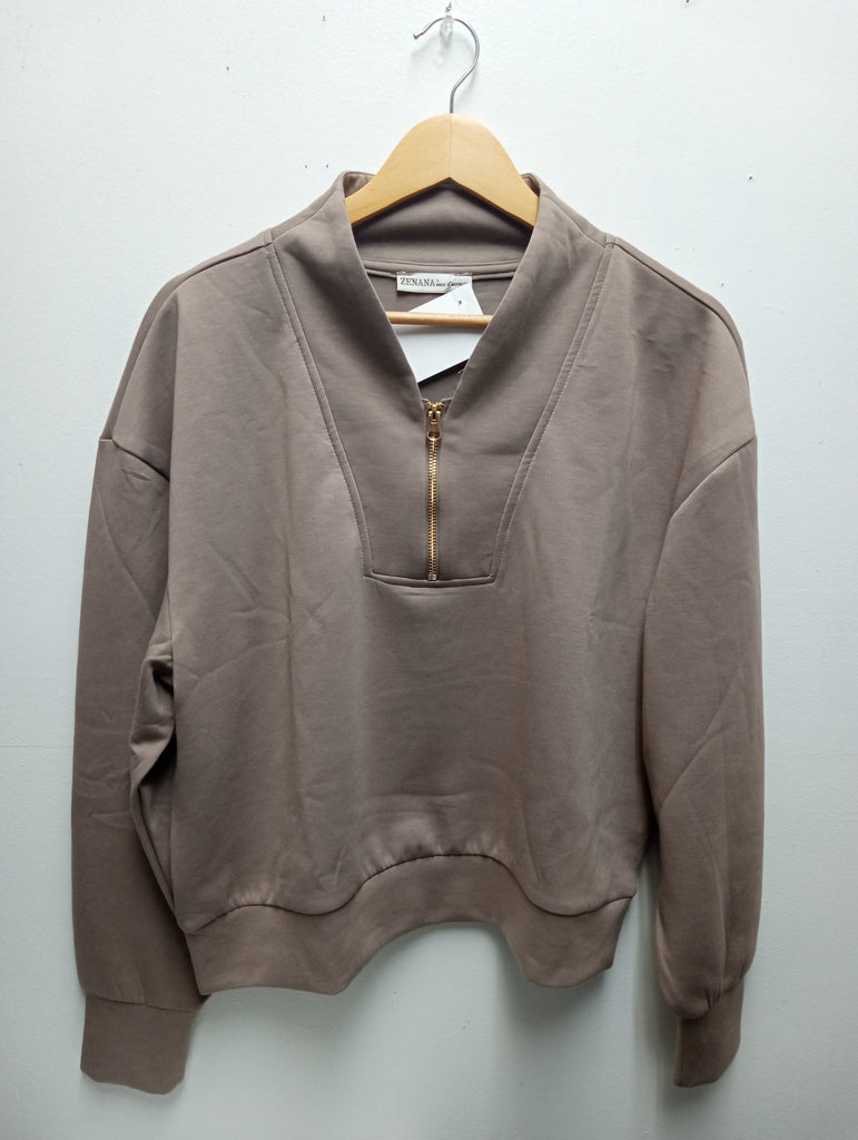 Zenana Cocoa Scuba Pullover Top with Gold Zipper