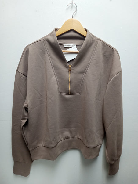 Zenana Cocoa Scuba Pullover Top with Gold Zipper