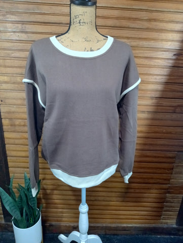 Zenana Mocha Brown Contrast Sweatshirt with Cream Collar & Sleeve Trim/MOCHA