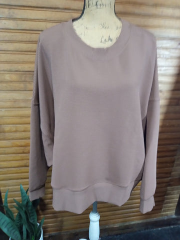 Zenana Plus Size Mocha Fudge Ribbed Pullover Top with Balloon Sleeves
