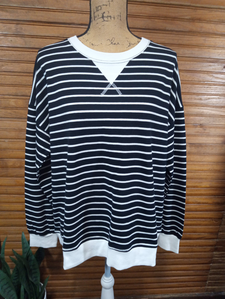 Zenana Striped Pullover Top with Ribbed Sleeve & Neck Bands