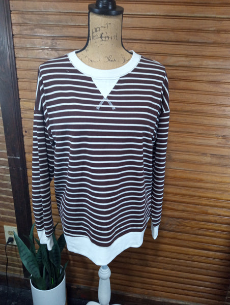 Zenana Striped Pullover Top with Ribbed Sleeve & Neck Bands