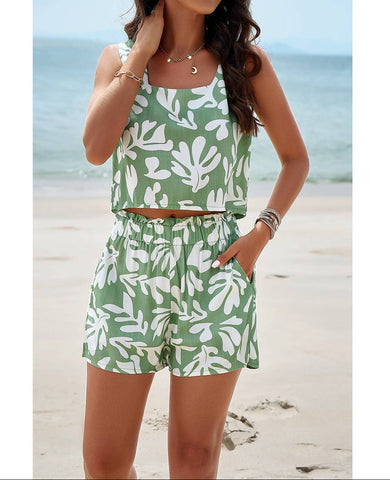 Allover Print Sleeveless Square Neck Elastic Sets Supreme Fashion