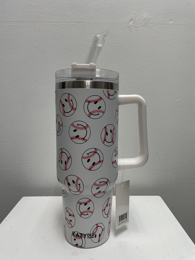 40 oz White Baseball Smiley Face Tumbler | Game Day Cup Amanda Queen
