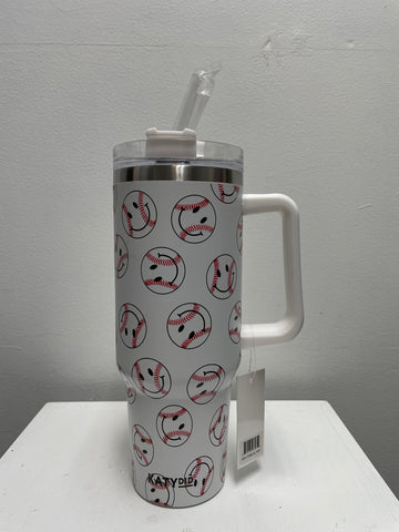 40 oz. White Tumbler w/smiley face baseballs Amanda Queen