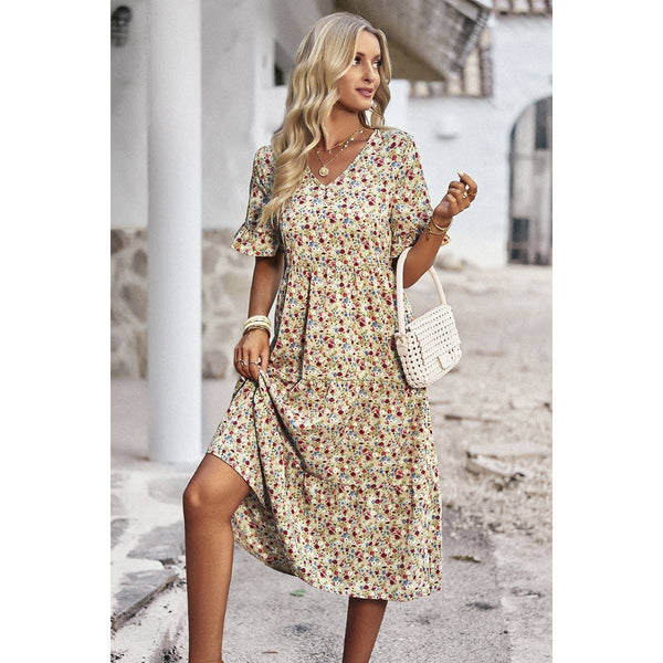 Boho Floral Ruffle Hem V Neck Short Sleeve Dress OhhMy! Gifts and Things, LLC