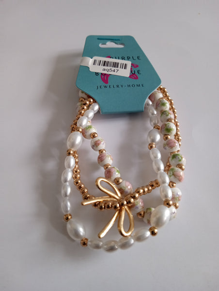 Bow Knot Bracelets-pink/green white bead white/gold beaded 