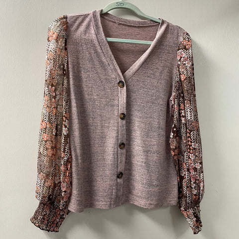 Contrast Small Button Up Pink Top w/Sheer Floral Long Sleeve