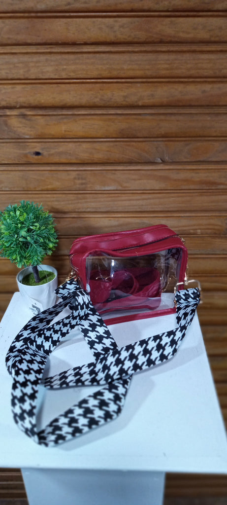 Clear bag-Crimson 7"X5 1/2"black/white Houndstooth Strap