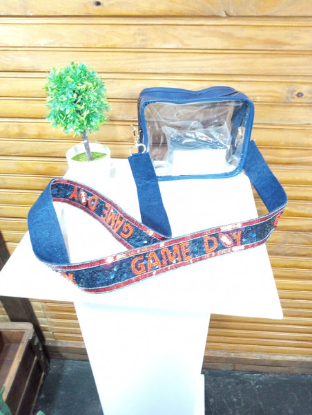 Clear bag-Navy-7"x5 1/2"parkly Navy Red GAME DAY strap