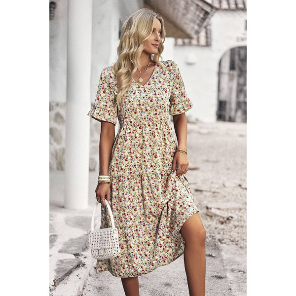 Boho Floral Ruffle Hem V Neck Short Sleeve Dress OhhMy! Gifts and Things, LLC