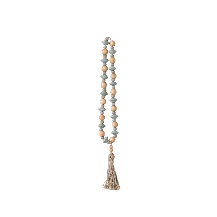 Abaca Wood Green/Tan Bead Strand w/Tassel