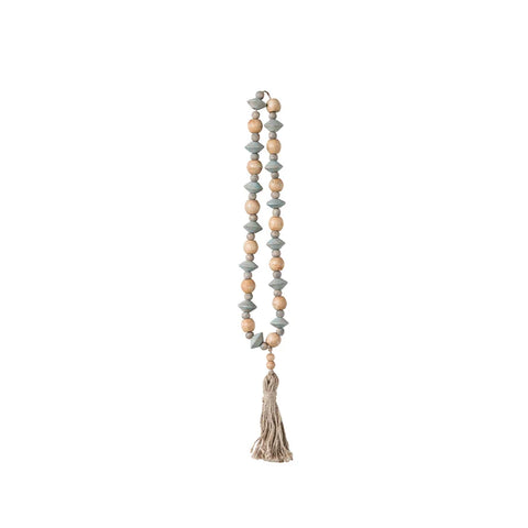 Abaca Wood Green/Tan Bead Strand w/Tassel