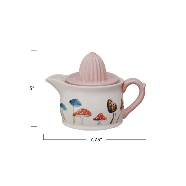 5"Round 5 1/2"Tall Hand Painted Stoneware juicer w/pink handle & Mushrooms
