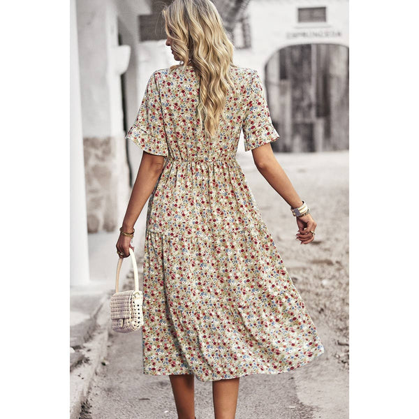 Boho Floral Ruffle Hem V Neck Short Sleeve Dress OhhMy! Gifts and Things, LLC