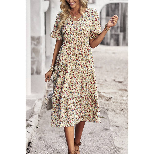 Boho Floral Ruffle Hem V Neck Short Sleeve Dress OhhMy! Gifts and Things, LLC