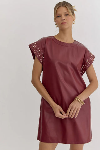 Entro Burgundy Mini Faux Leather dress w/pearl and rhinestone detail. Brittany Wilson