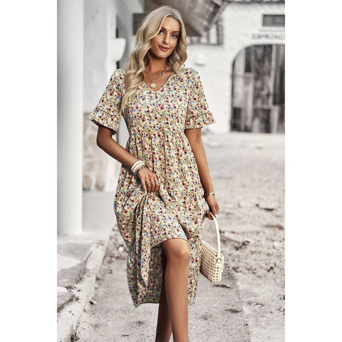 Boho Floral Ruffle Hem V Neck Short Sleeve Dress Supreme Fashion