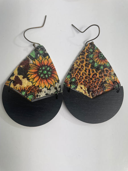 Felt Teardrop Earrings-Sunflowers w/black bottom