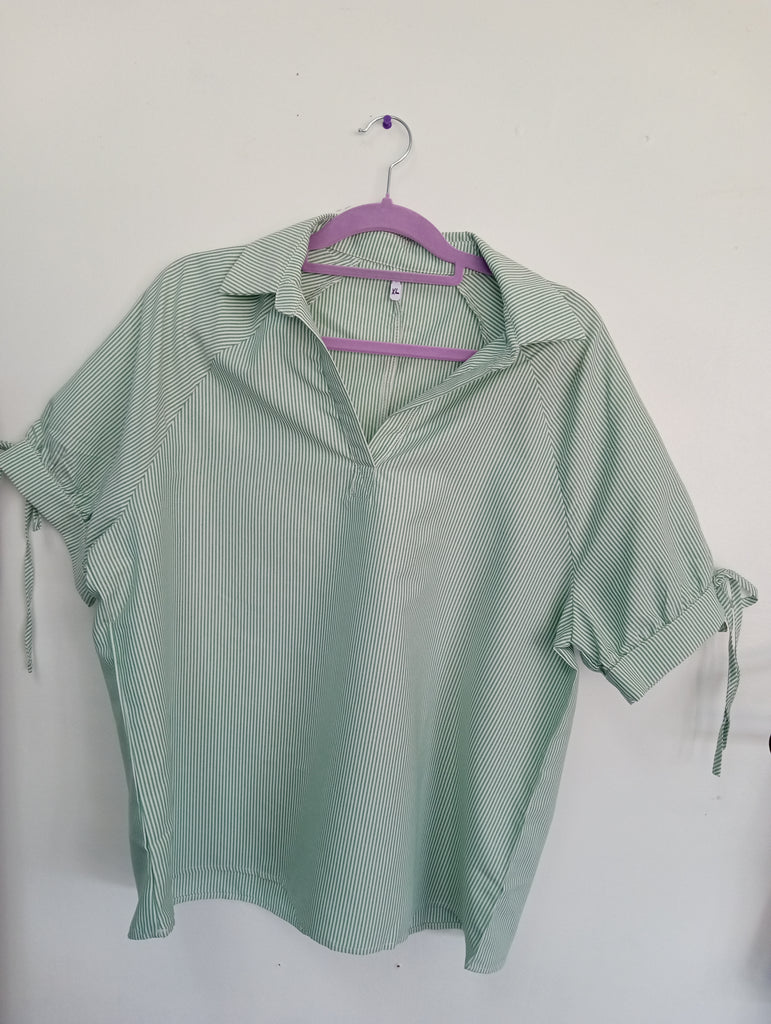 Green Striped V-Neck Top with Tie Bow Sleeves for Women