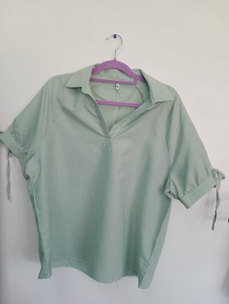 Green Striped V-Neck Top with Tie Bow Sleeves for Women