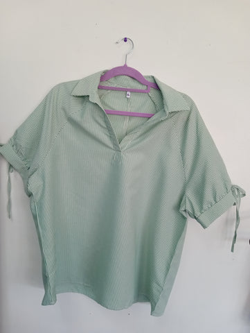 Green Striped V-Neck Top with Tie Bow Sleeves for Women