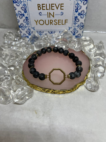 Octagon Charm on Black Beaded Bracelet